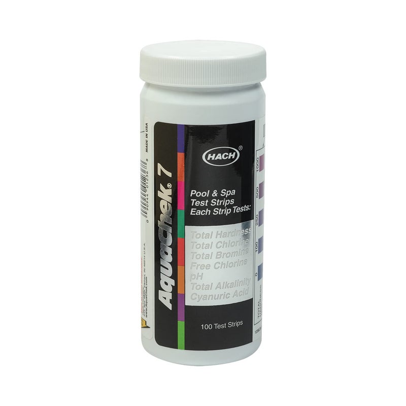 AquaChek شرائط اختبار حمام السباحة والسبا 7 طرق - شرائط اختبار حمام السباحة الفضية لقياس الحموضة، الكلور الكلي، الكلور الحر، البروم، القلوية، الصلابة الكلية، وحمض السيانوريك - مجموعة اختبار جودة المياه (100 شريط) - Image 1